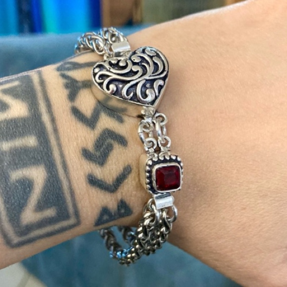 Red garnet & Silver Heart design boho wheat chain Bracelet